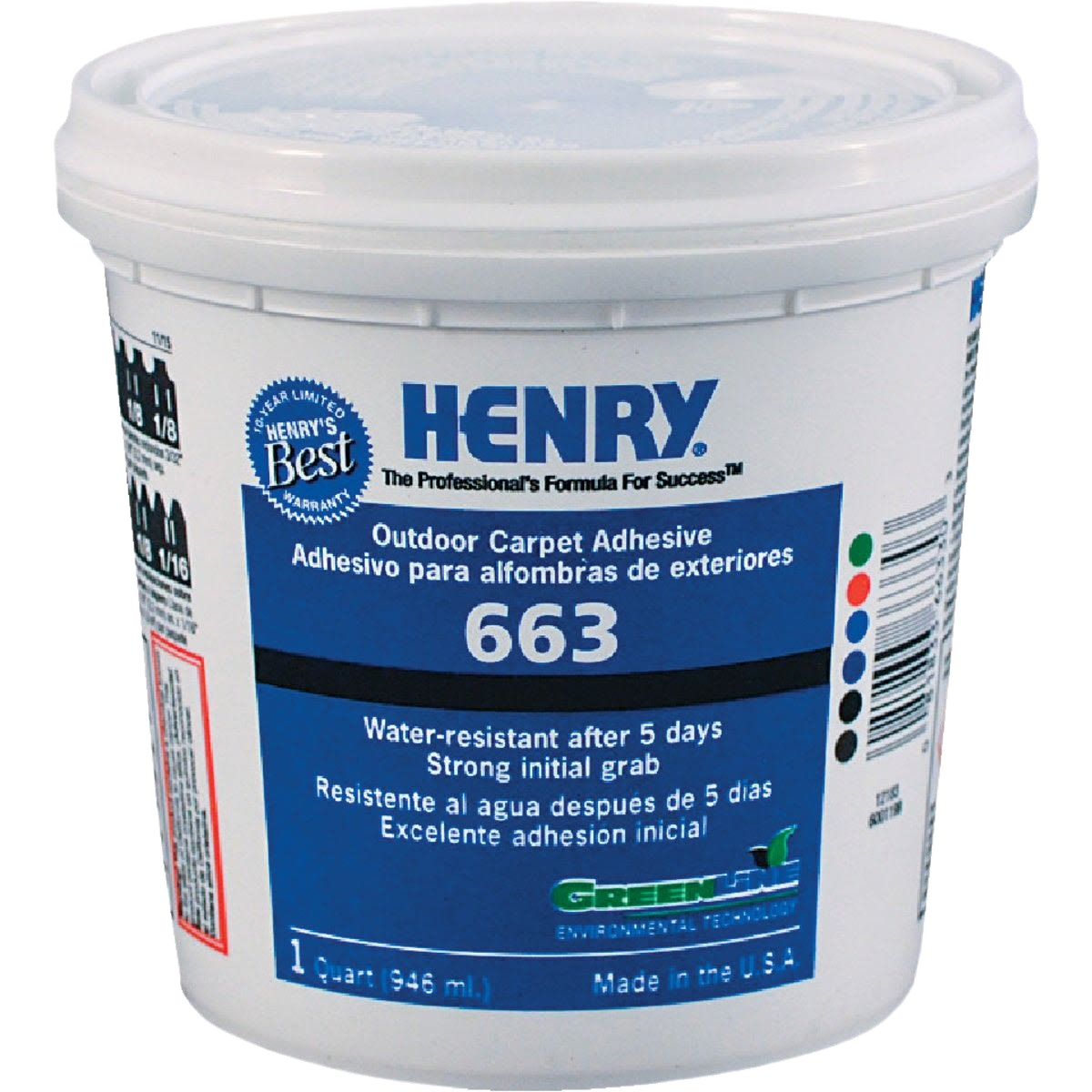 White plastic container of Henry outdoor carpet adhesive with blue label for home improvement projects