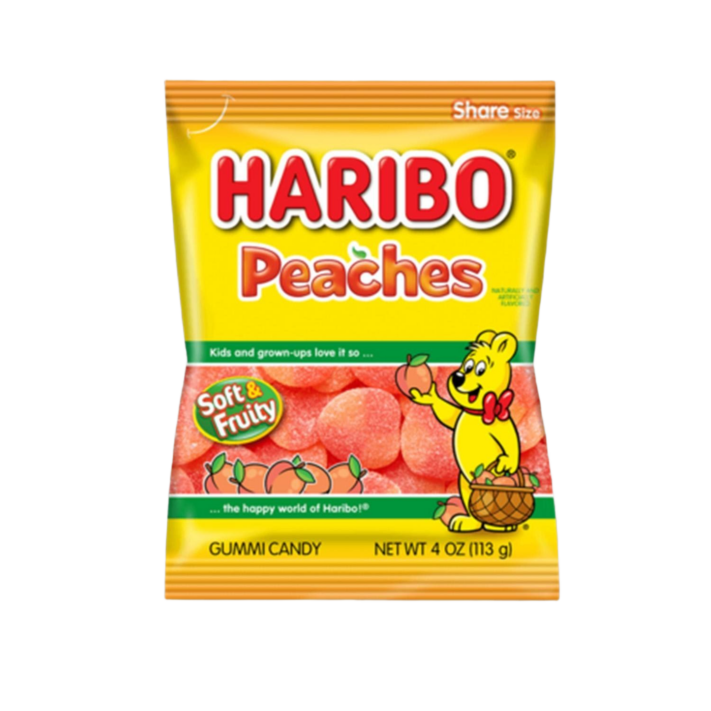 Yellow bag of Haribo gummy peach candies with a cartoon bear holding peaches and soft, sugary treats inside