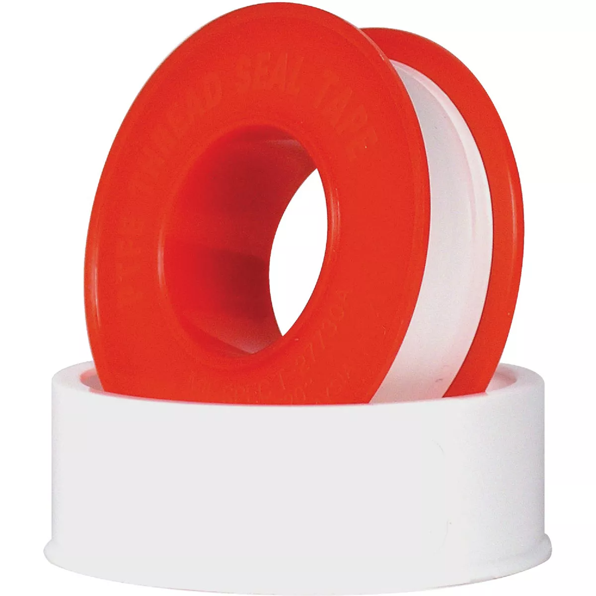 White PTFE tape rolled on red plastic spool with white protective base for plumbing and sealing applications
