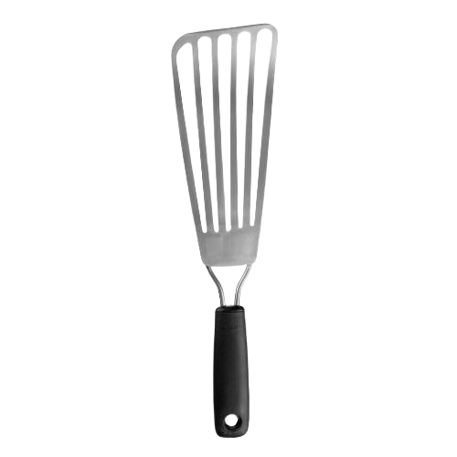 Slim stainless steel fish turner with black non-slip handle for kitchen utensils and cooking gadget collections