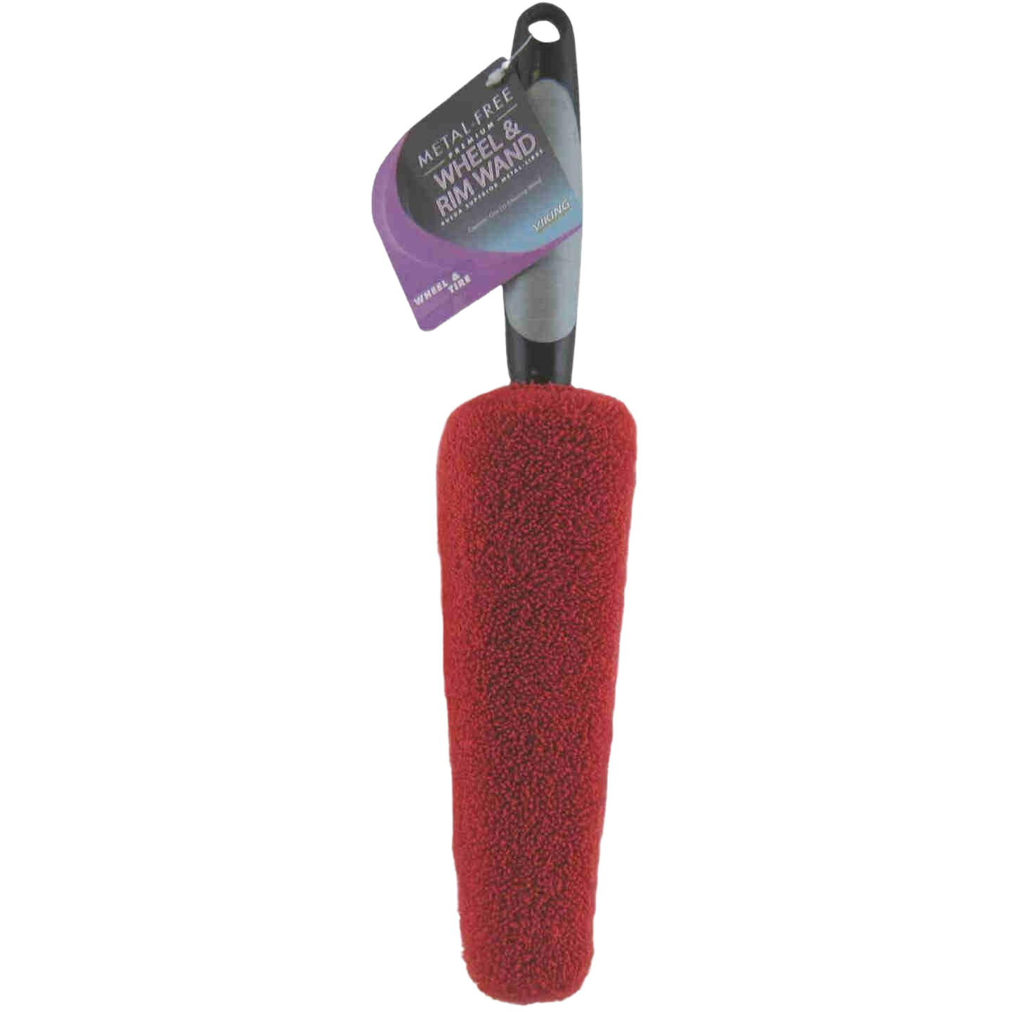Red microfiber-covered metal-free wheel and rim cleaning brush with black handle, part of automotive tools under $50 collection