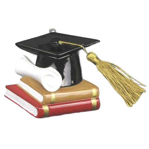 Black graduation cap with gold tassel resting on stacked red and brown books with a rolled diploma, Christmas ornament under 50