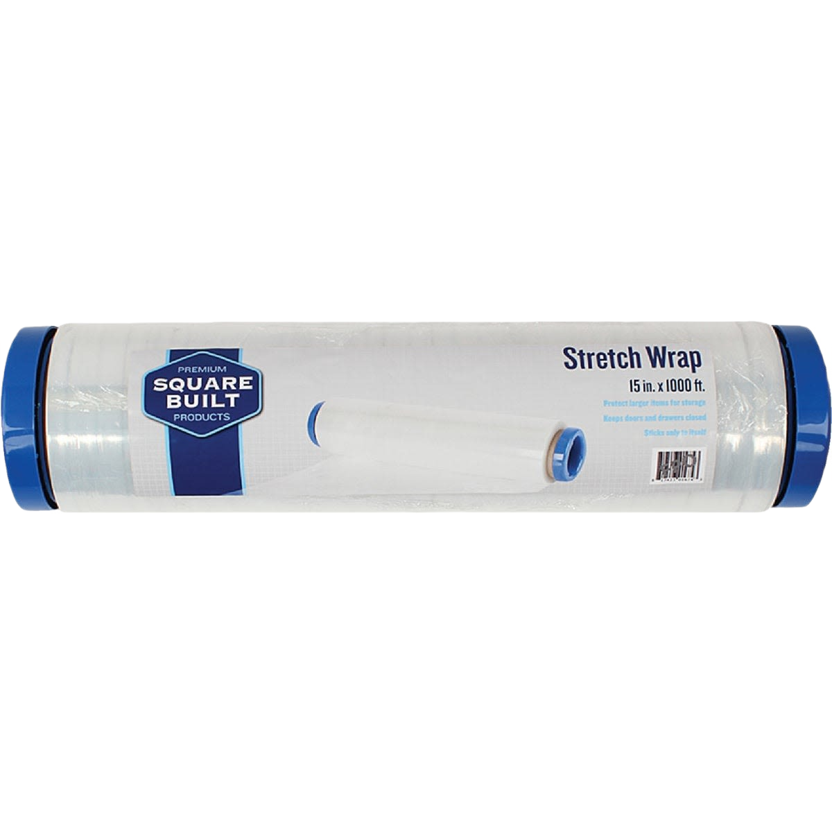 Clear stretch wrap roll with double handle and blue end caps for securing items in tools and home improvement use