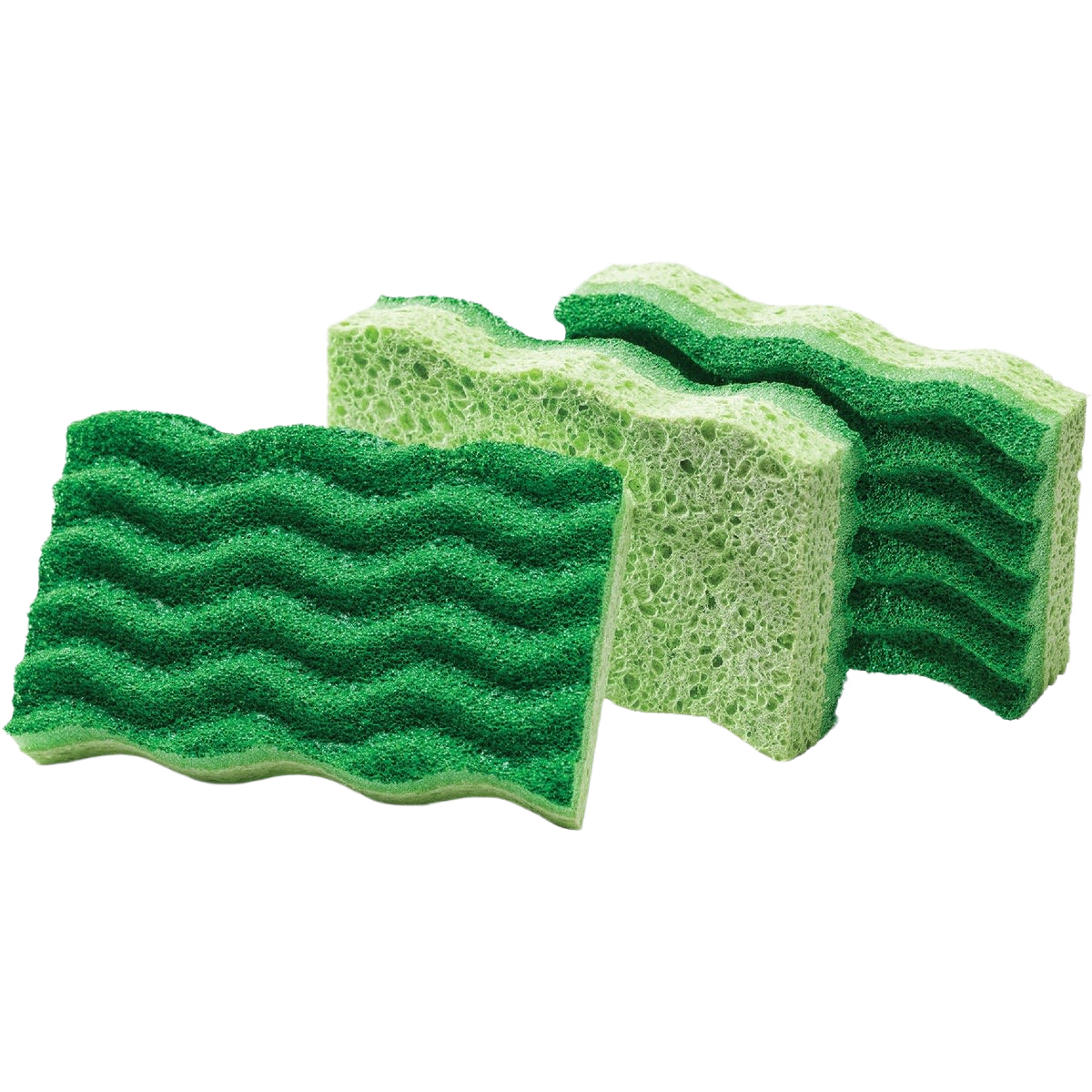 Three medium duty green scrubbing sponges with rippled textured surfaces for cleaning tasks in home improvement collections