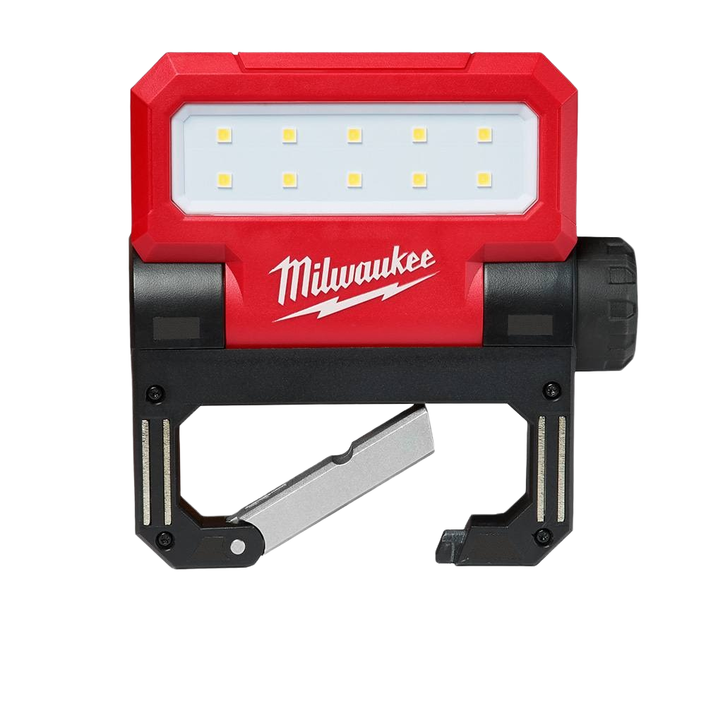 Compact red and black pivoting LED flood light with integrated rechargeable battery for tools and home improvement use