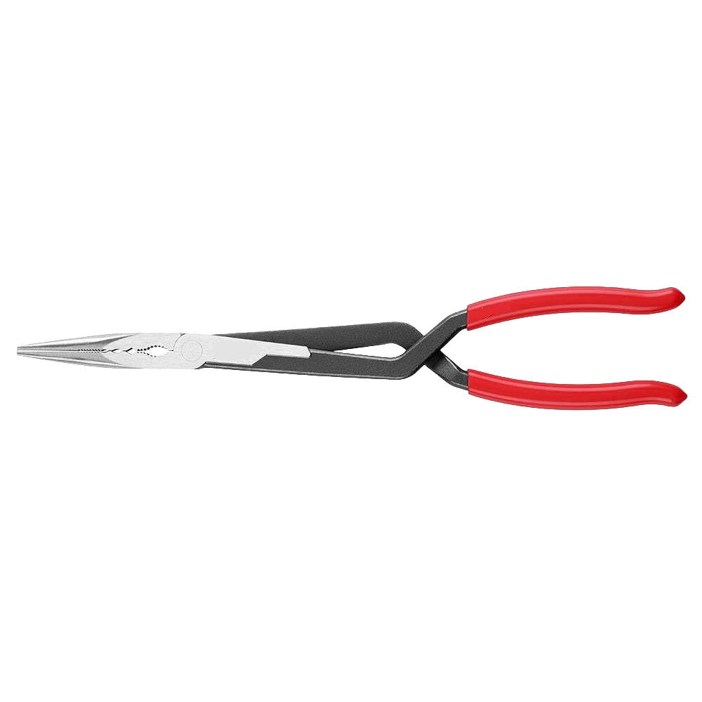 Long reach pliers with straight nose, black body and red ergonomic handles for precision tools and home improvement tasks