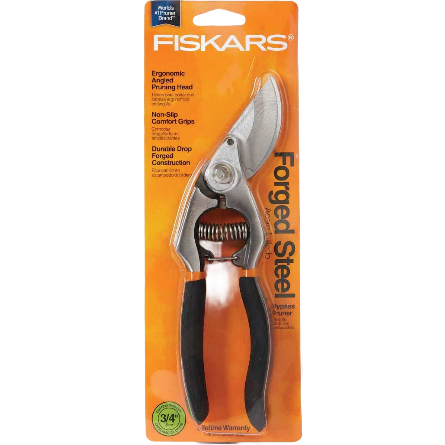 Forged steel bypass pruner with ergonomic angled head and black non-slip grips for garden and pruning tasks under $50
