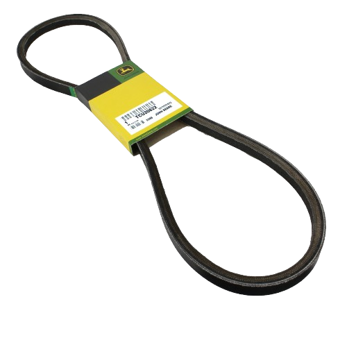 Black rubber V-belt with green and yellow branded packaging, designed for outdoor equipment maintenance and repair tasks