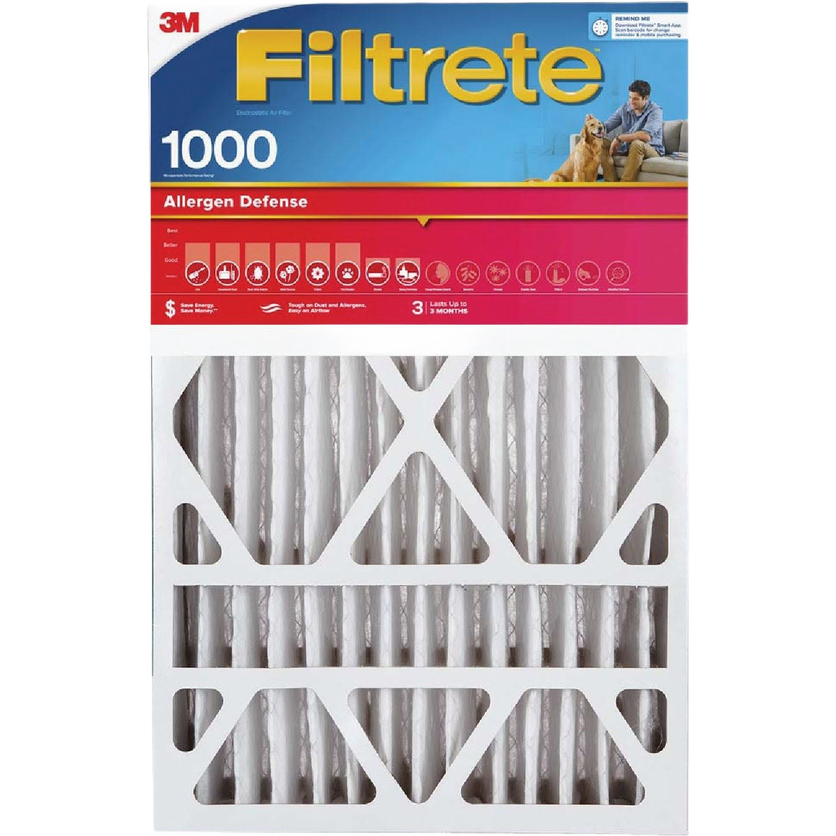 White pleated furnace filter with rigid cardboard frame and packaging highlighting allergen defense features