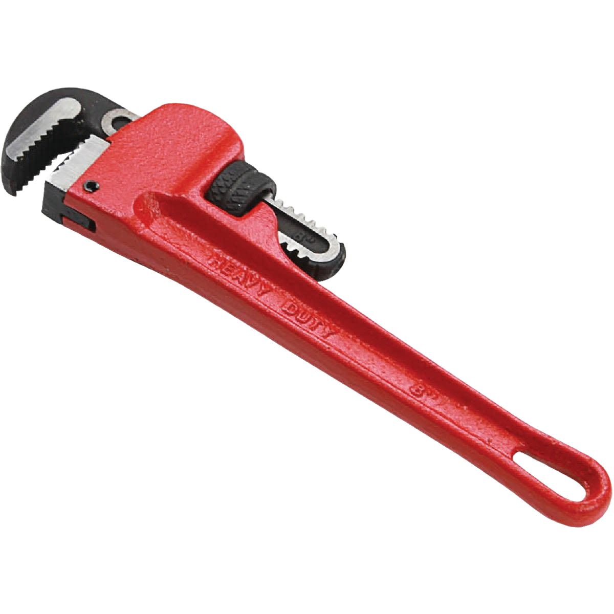Red heavy-duty adjustable pipe wrench for gripping and turning pipes in tools and home improvement projects