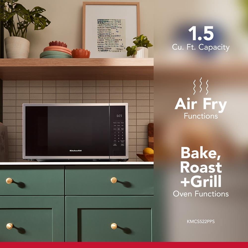 Countertop microwave with air fry and oven functions on white kitchen countertop with green cabinets in Appliances collection
