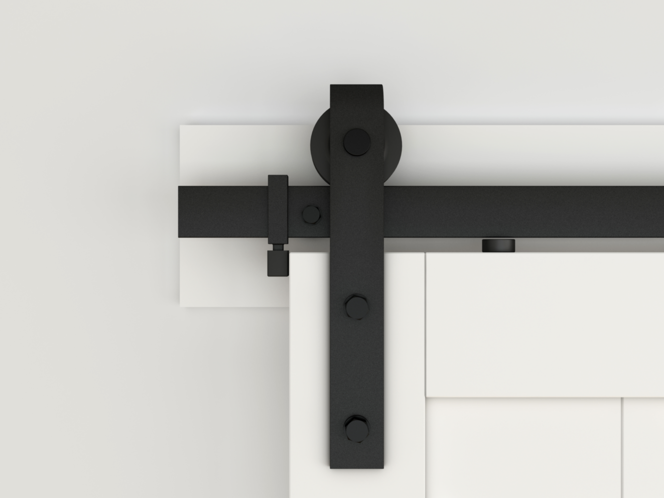 Matte black metal sliding barn door hardware with two-piece track for home improvement and barn door hardware collections