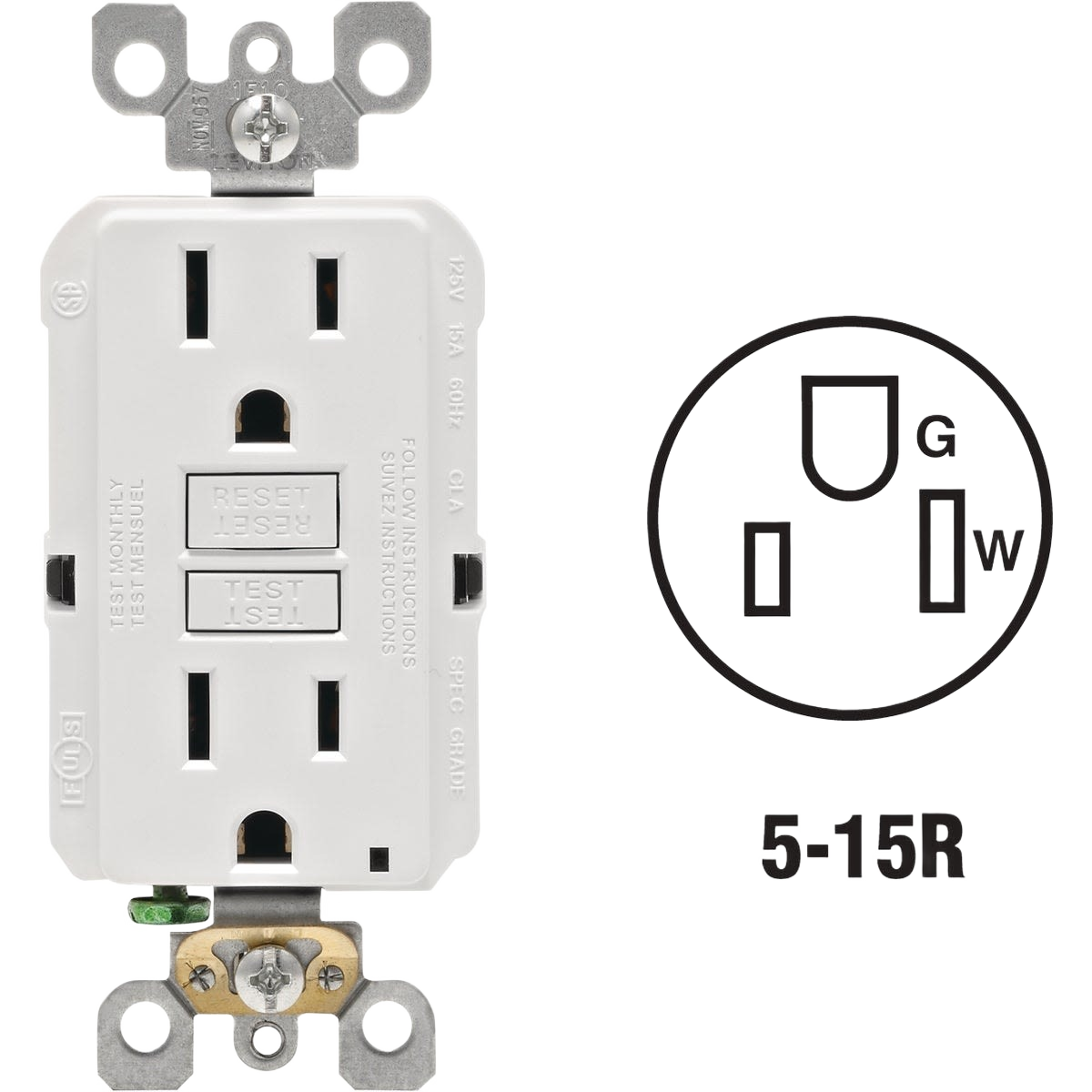 White residential grade GFCI outlet with reset and test buttons for electrical safety in home improvement projects