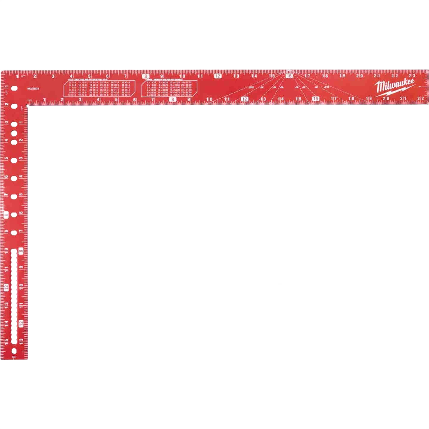 Red aluminum framing square with laser-etched measurements and scribe notches, ideal for woodworking and measuring tools.