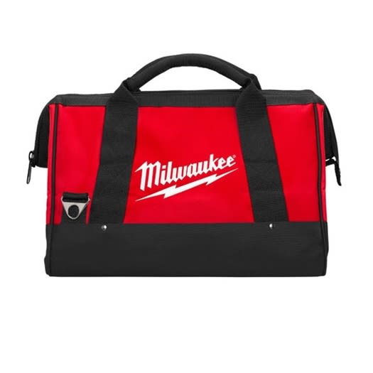 Red and black heavy-duty polyester contractor bag with zipper closure for tool storage and workshop organization collections