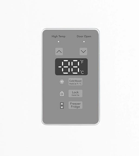Digital control panel with temperature display in Fahrenheit and Celsius, lock, cold boost, and mode settings for freezer or fridge, shown in Appliances at Hartville Hardware.