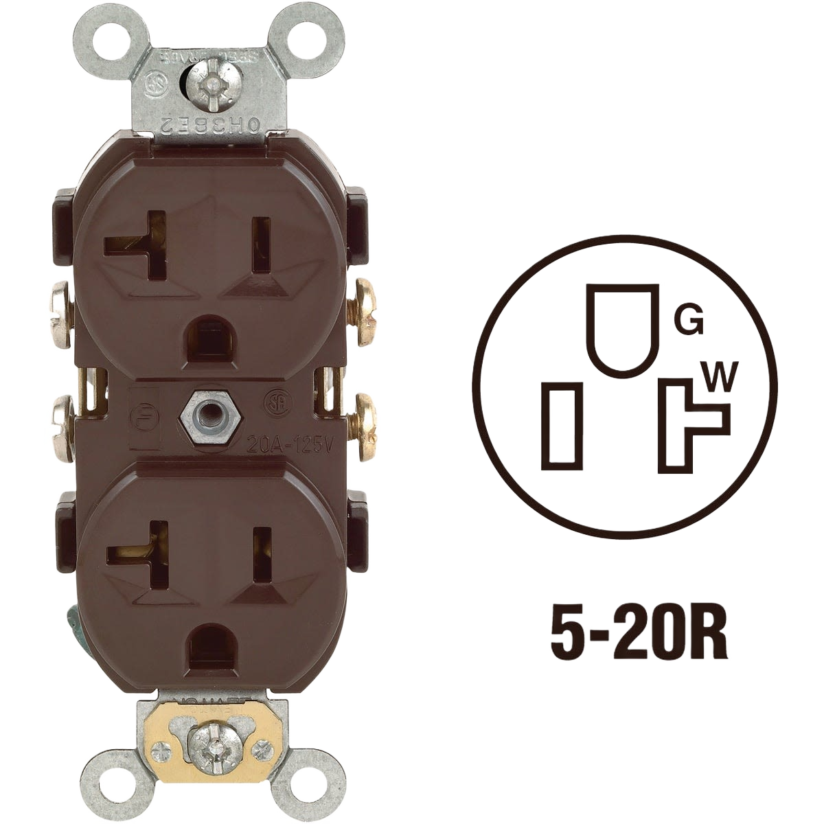 Heavy-duty brown duplex outlet with side wiring terminals, grounding, and 20-amp 125-volt rating for electrical projects