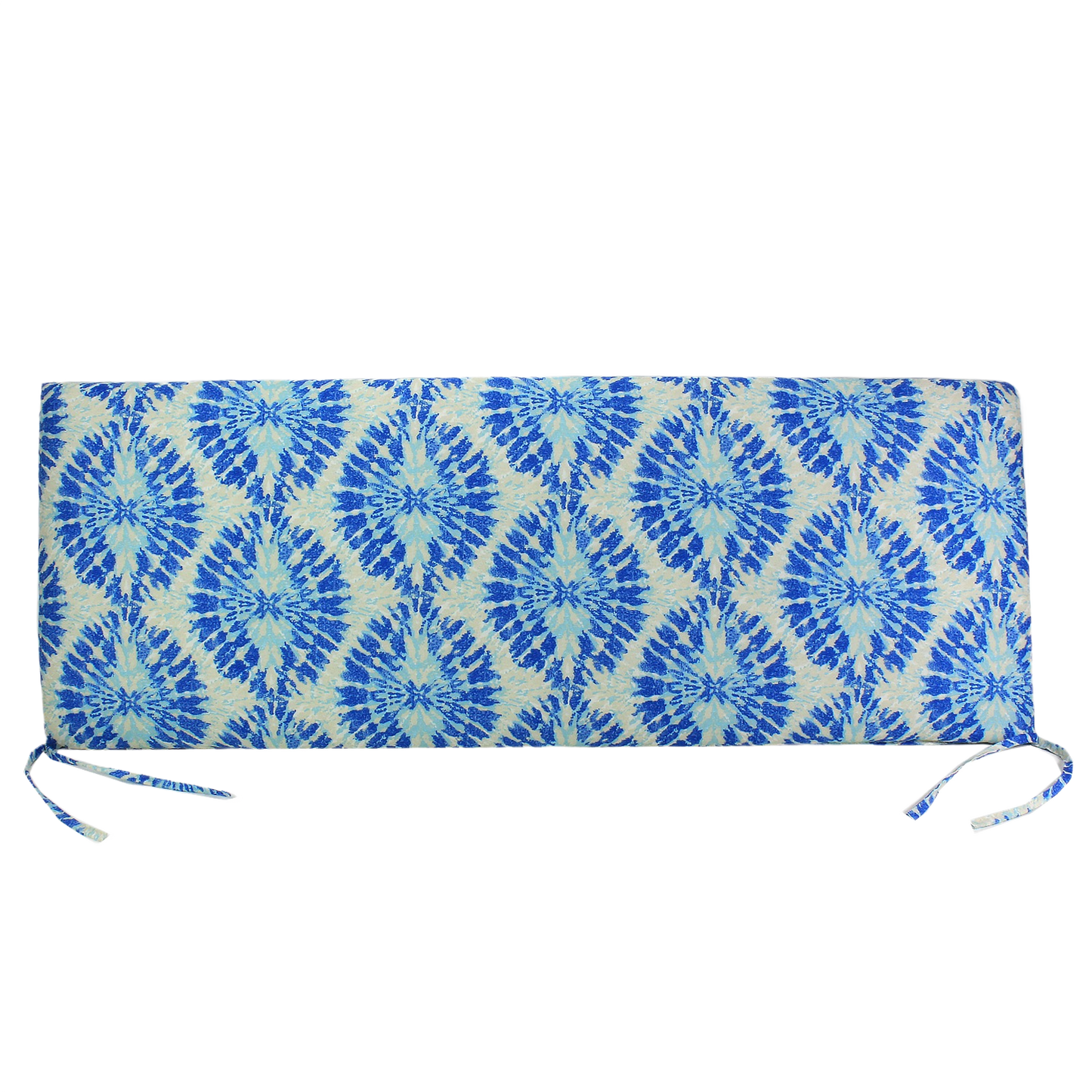 Blue patterned outdoor bench cushion with tie straps for patio furniture in outdoor living collections under $100