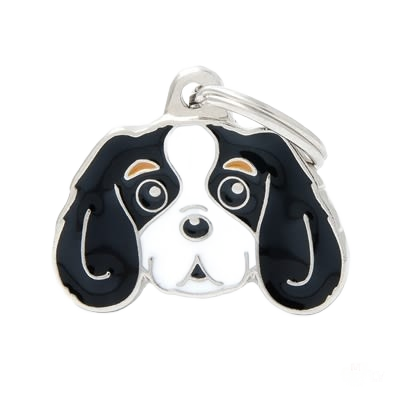 Enamel dog ID tag shaped like a tricolour King Cavalier face with a silver keyring attachment.