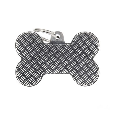 Metal dog bone-shaped ID tag with textured checkered pattern and keyring attachment for pet identification