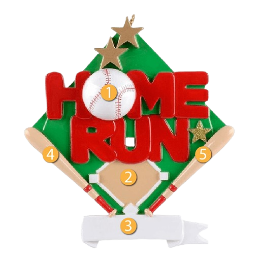 Green baseball diamond ornament with red "Home Run" text, white baseball, two bats, and gold stars for Christmas decor under $50