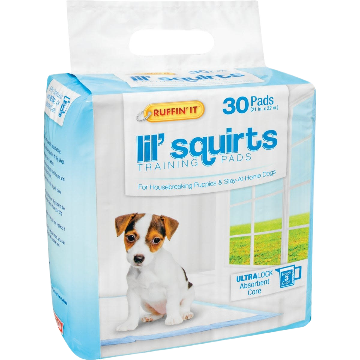 Package of 30 RufFin It Lil' Squirts puppy training pads with absorbent core for housebreaking puppies and small dogs