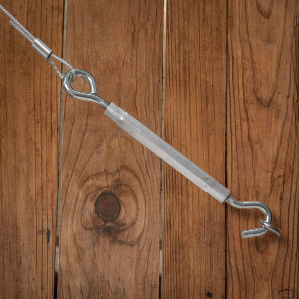 Zinc hook and eye turnbuckle with hex body for adjustable fastening in storage and garage organization under 50 dollars