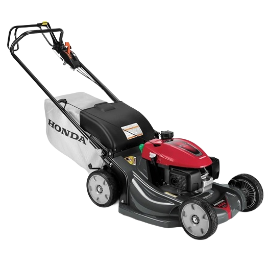 Self-propelled push lawn mower with red engine cover and rear grass collection bag for outdoor power equipment tools
