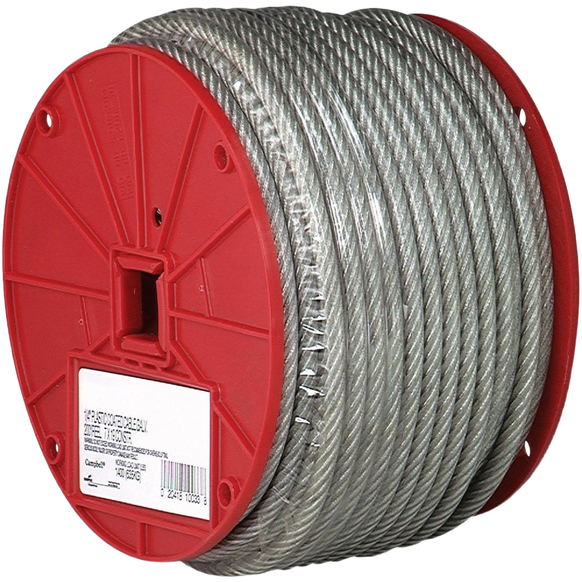 Vinyl-coated steel cable wound on a red spool for durable use in home improvement and tool projects