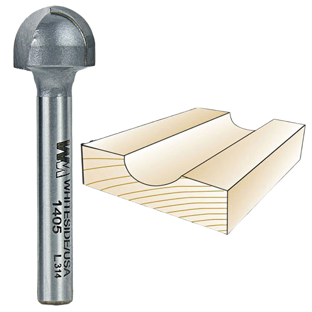 Whiteside core box router bit next to wooden workpiece showing a rounded groove for woodworking tool accessories