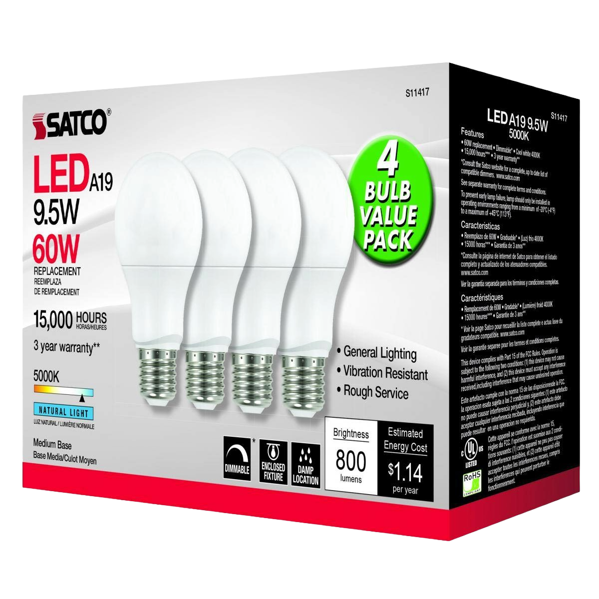 4-pack of Satco A19 LED medium base bulbs with 9.5 watts, dimmable, natural light in electrical and lighting collection