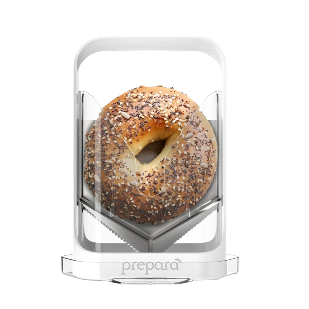 Clear plastic bagel slicer with V-shaped serrated blade for safe, even cutting of bagels and baked goods in kitchenware collections