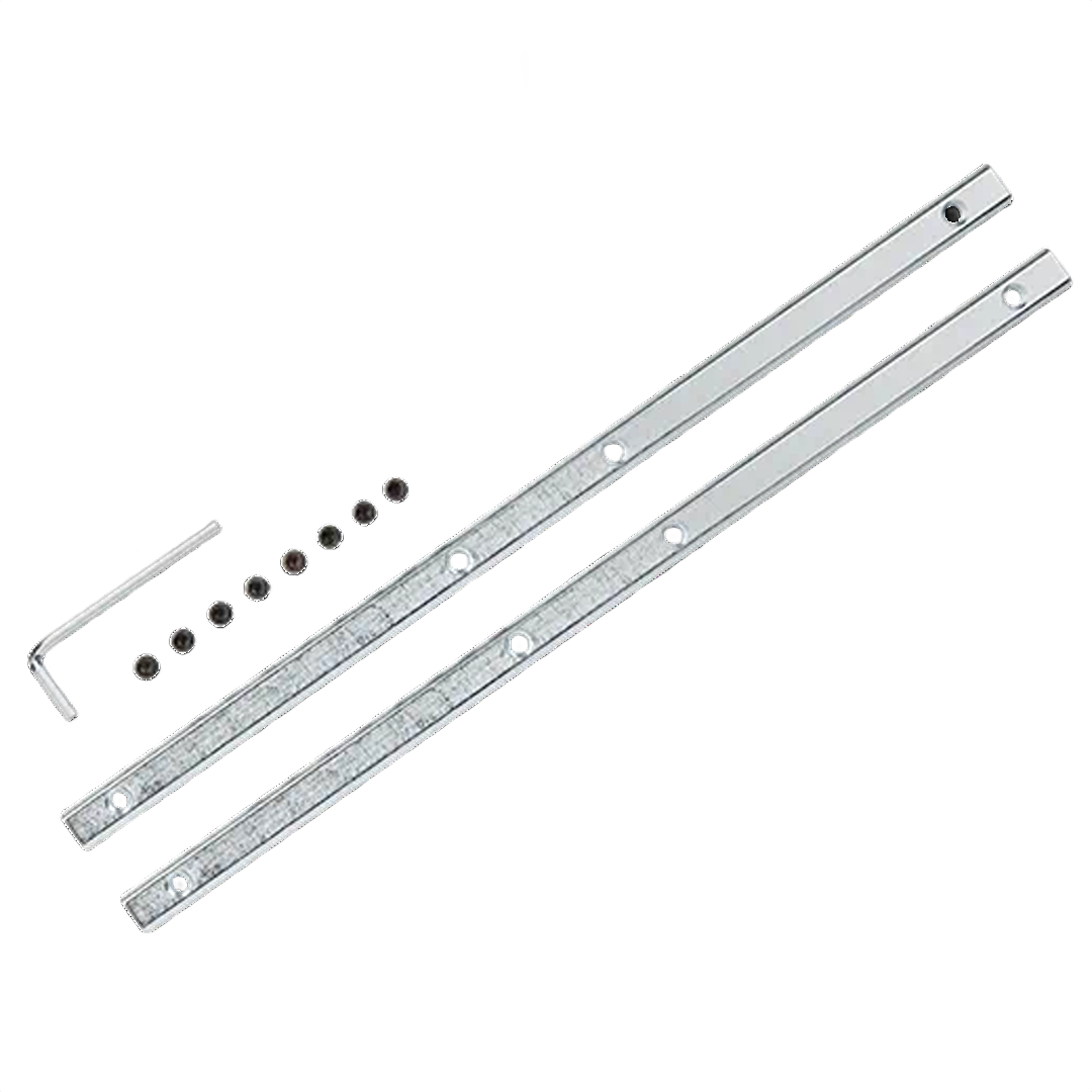 Two silver metal guide rail connectors with mounting screws and an L-shaped hex wrench for tool and home improvement use