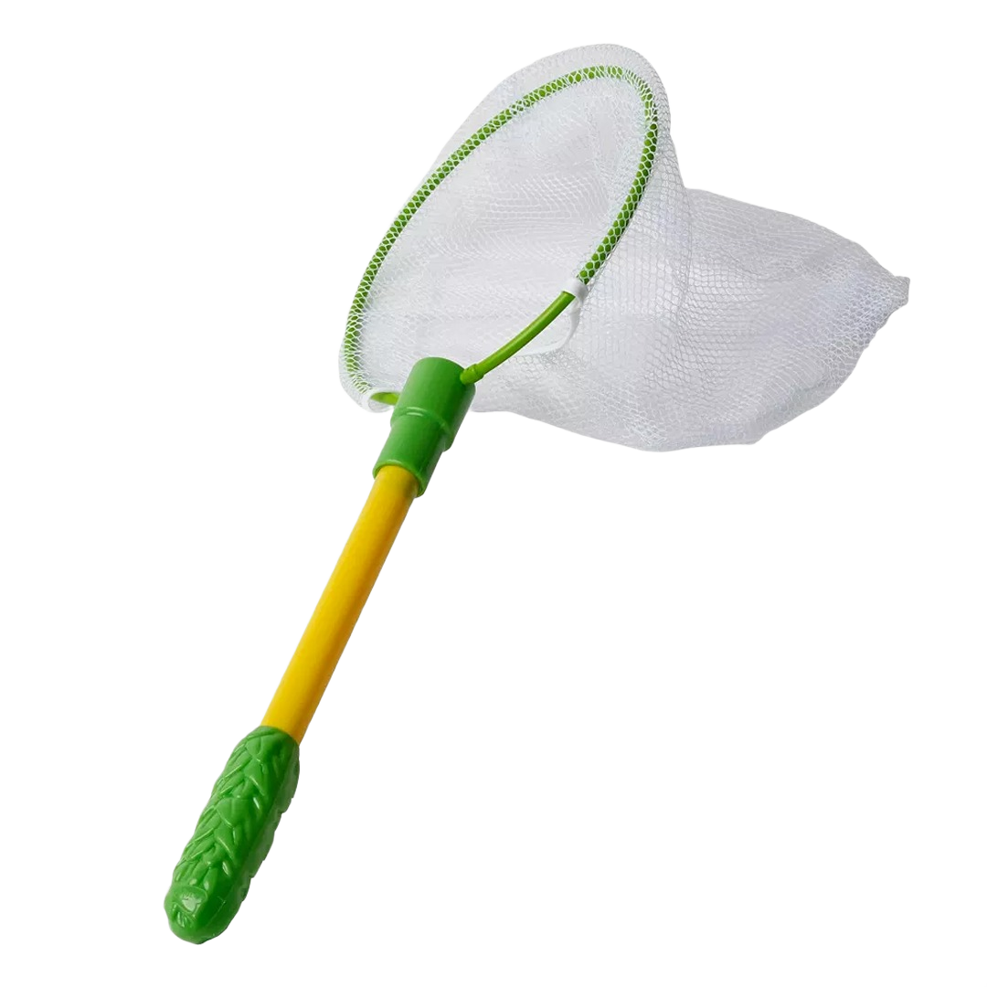 Yellow and green insect net with fine mesh and textured handle for outdoor use in catching butterflies and small insects