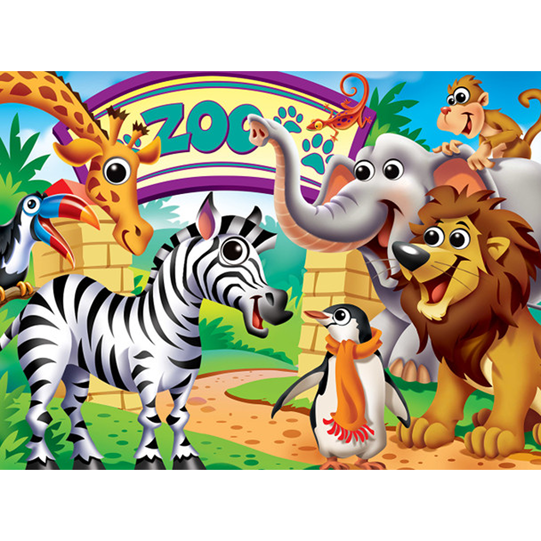 Brightly colored kids puzzle with cartoon zoo animals including giraffe, zebra, elephant, lion, penguin, and monkey with googly eyes