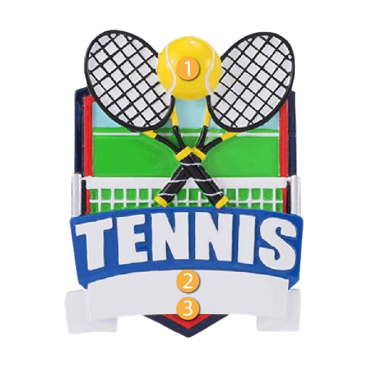 Tennis-themed shield ornament with crossed rackets, ball, net, and blue banner from Christmas Ornaments & Tree Decorations collection
