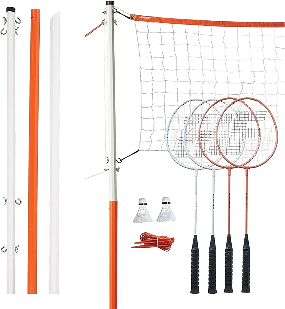 Badminton net set with steel poles, four rackets, two birdies, and stakes for outdoor games and toys collection