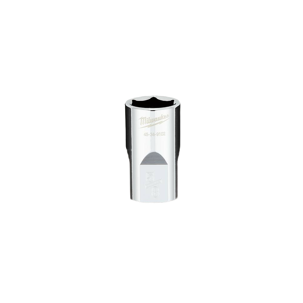 Chrome-finished 5/8 inch socket with four flat sides for wrench grip, part of Milwaukee hand tools and woodworking collections