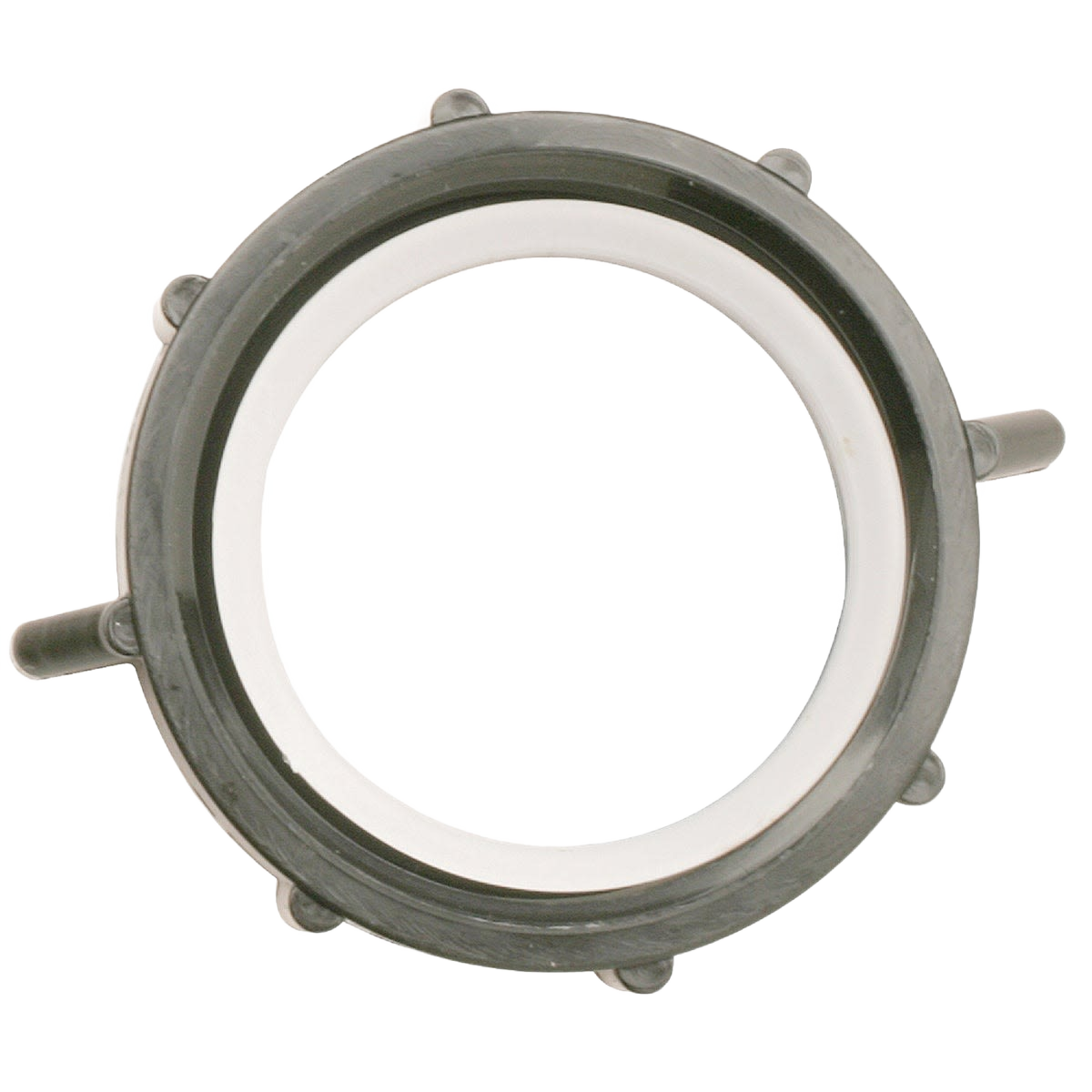 Black plastic slip-joint nut with white sealing ring, part of plumbing accessories and drain repair parts under $50.