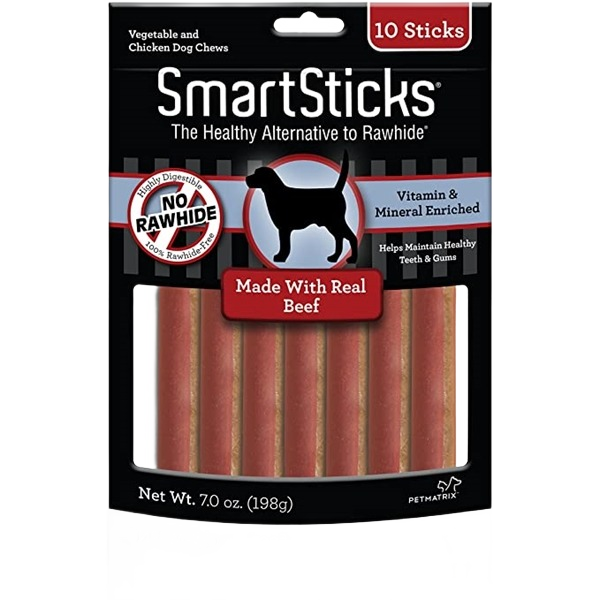 Resealable package of beef-flavored dog chews enriched with vitamins and minerals for dental health and digestion