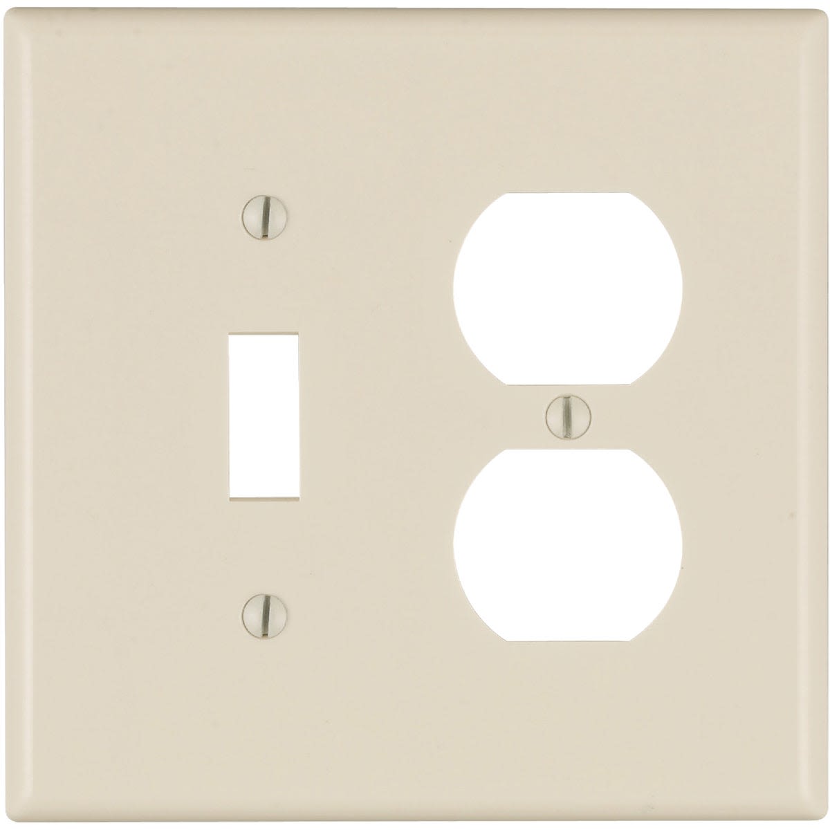 Light almond combination wall plate with two-gang cutouts for switch and outlet in home improvement settings