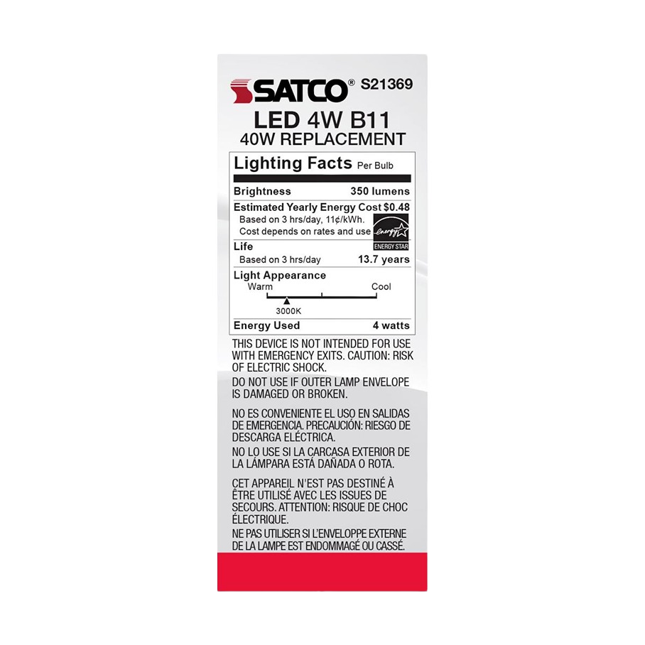 Satco LED 4 watt B11 bulb energy info label highlighting brightness, lifespan, and power use in lighting and electrical collections