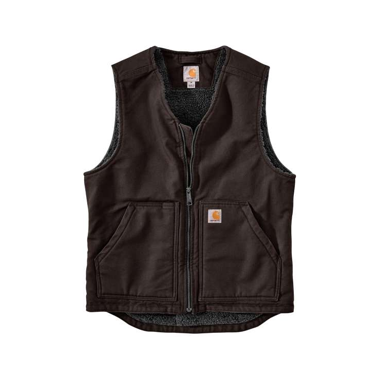 Dark brown washed duck work vest with sherpa lining and front zipper for durable outdoor wear and home improvement tasks