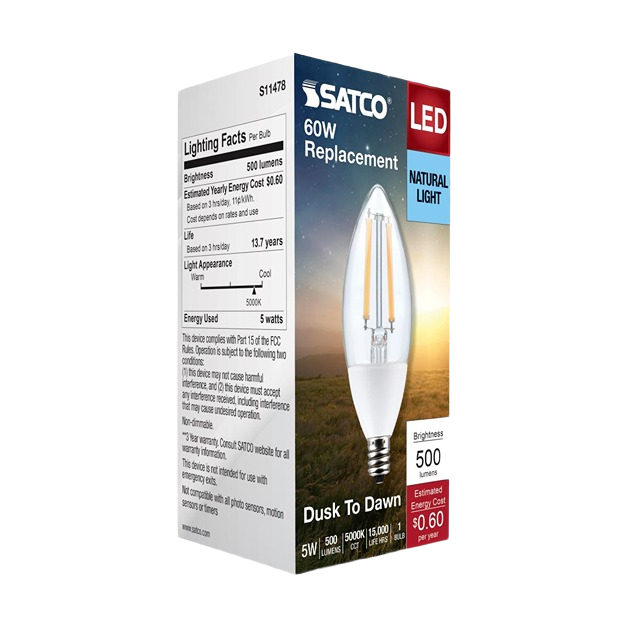 Satco 5 watt B11 LED light bulb with candelabra base, dusk to dawn sensor, natural 5000K light under $50