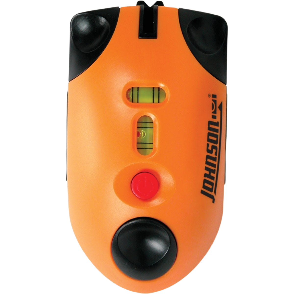 Orange laser level device with bubble vials and red activation button for tools and home improvement tasks