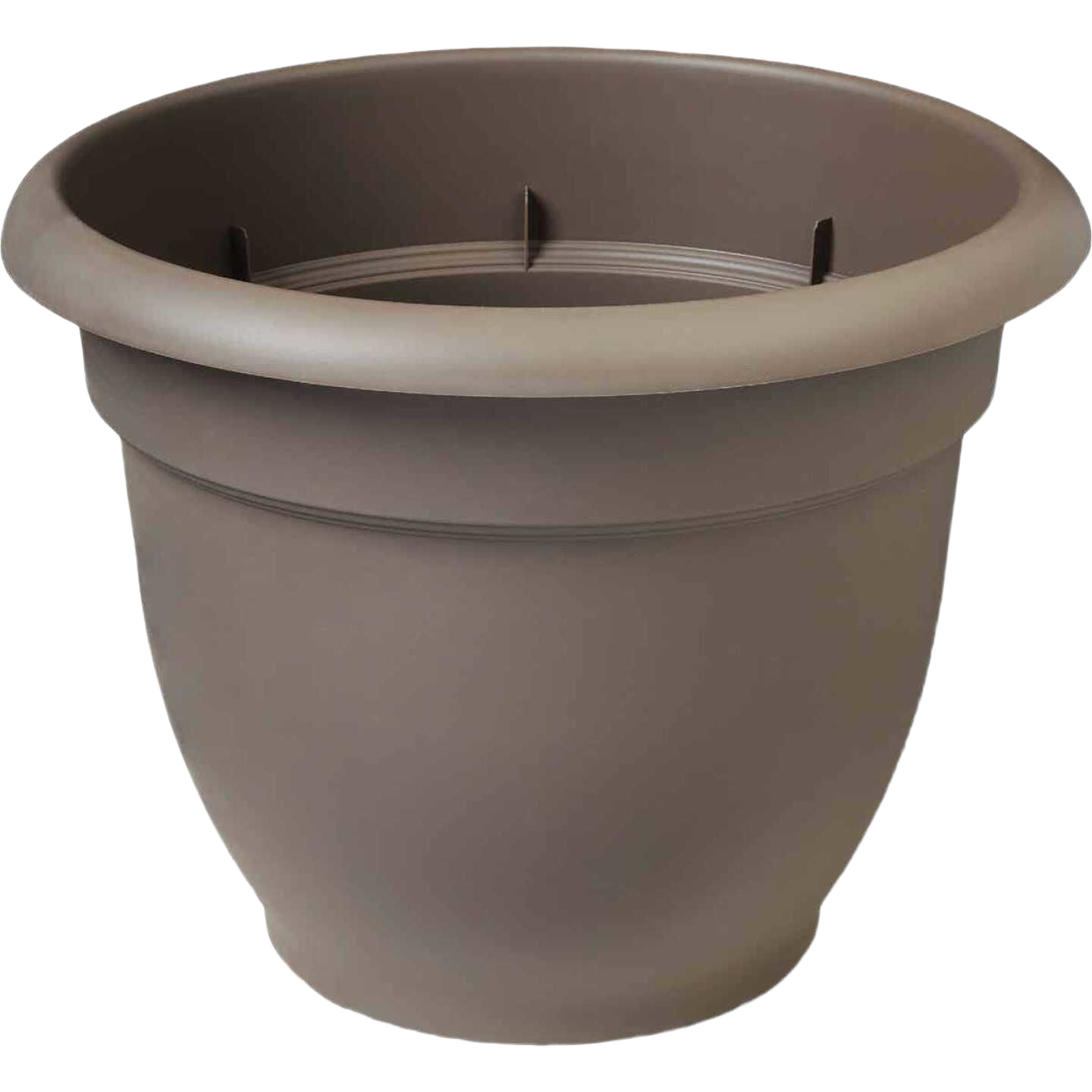 Charcoal plastic planter with self-watering disk for indoor and outdoor use in lawn and garden collections
