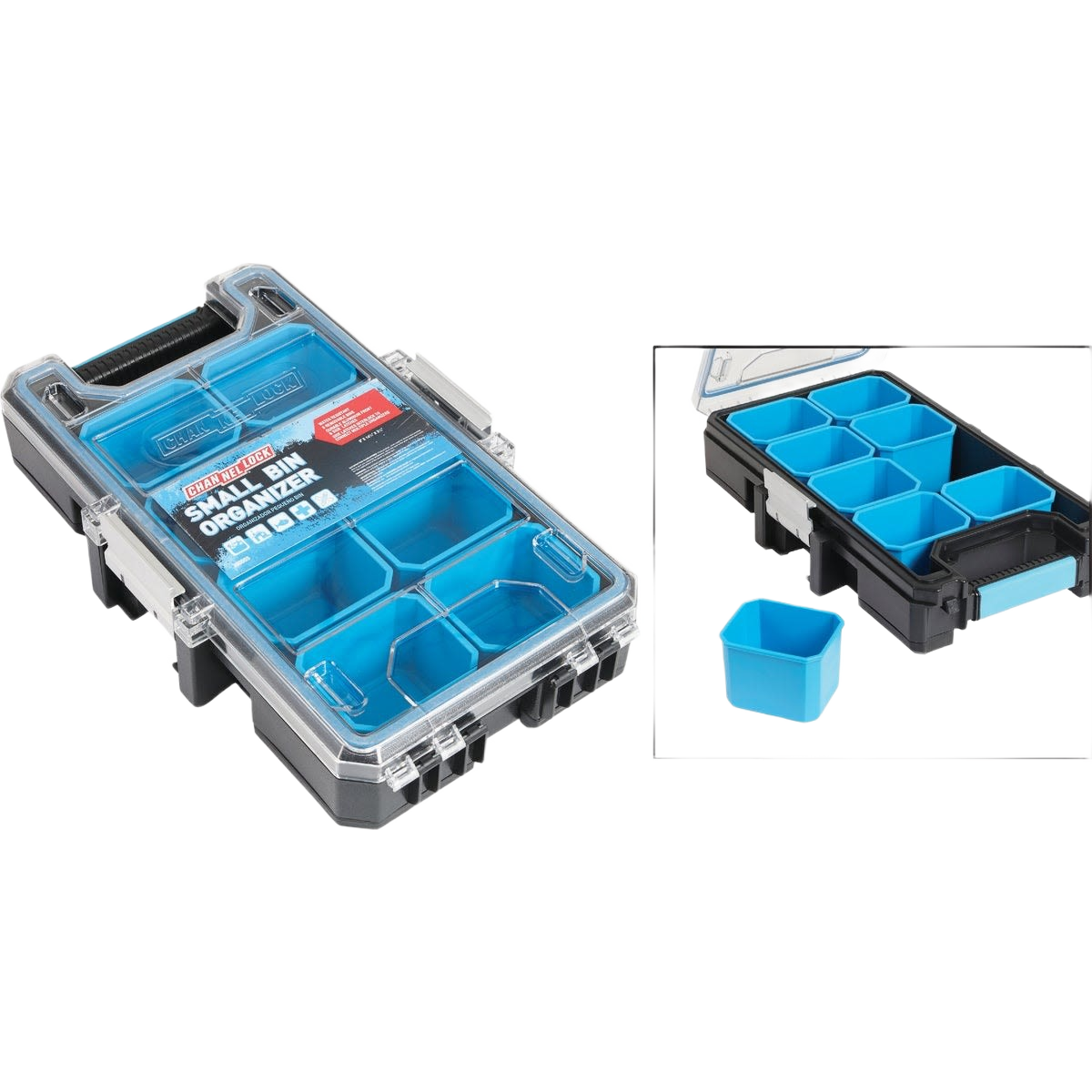 Compact durable plastic parts organizer with multiple removable blue compartments for tools and home improvement supplies
