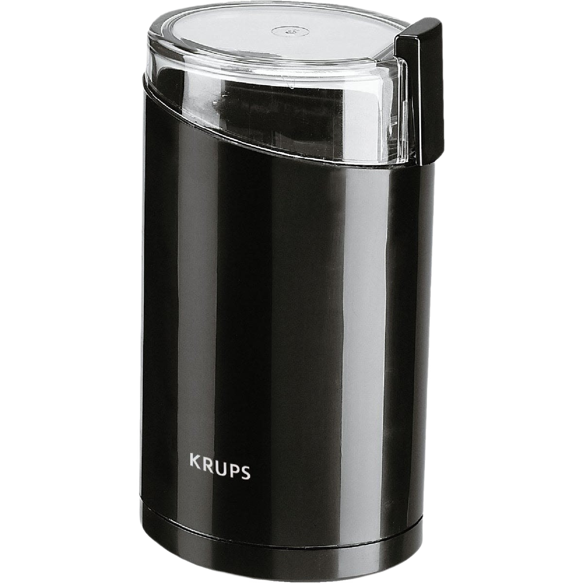 Compact black coffee grinder with clear plastic lid for quick fresh grinding in kitchenware collections