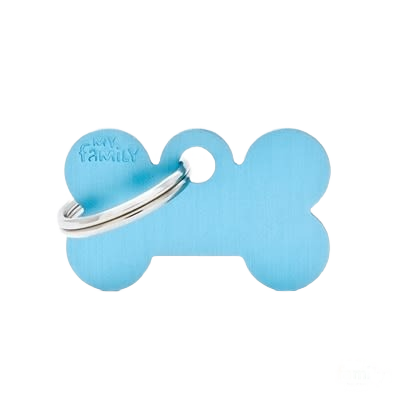 Small light blue bone-shaped pet ID tag with metal ring for attaching to collars and pet accessories