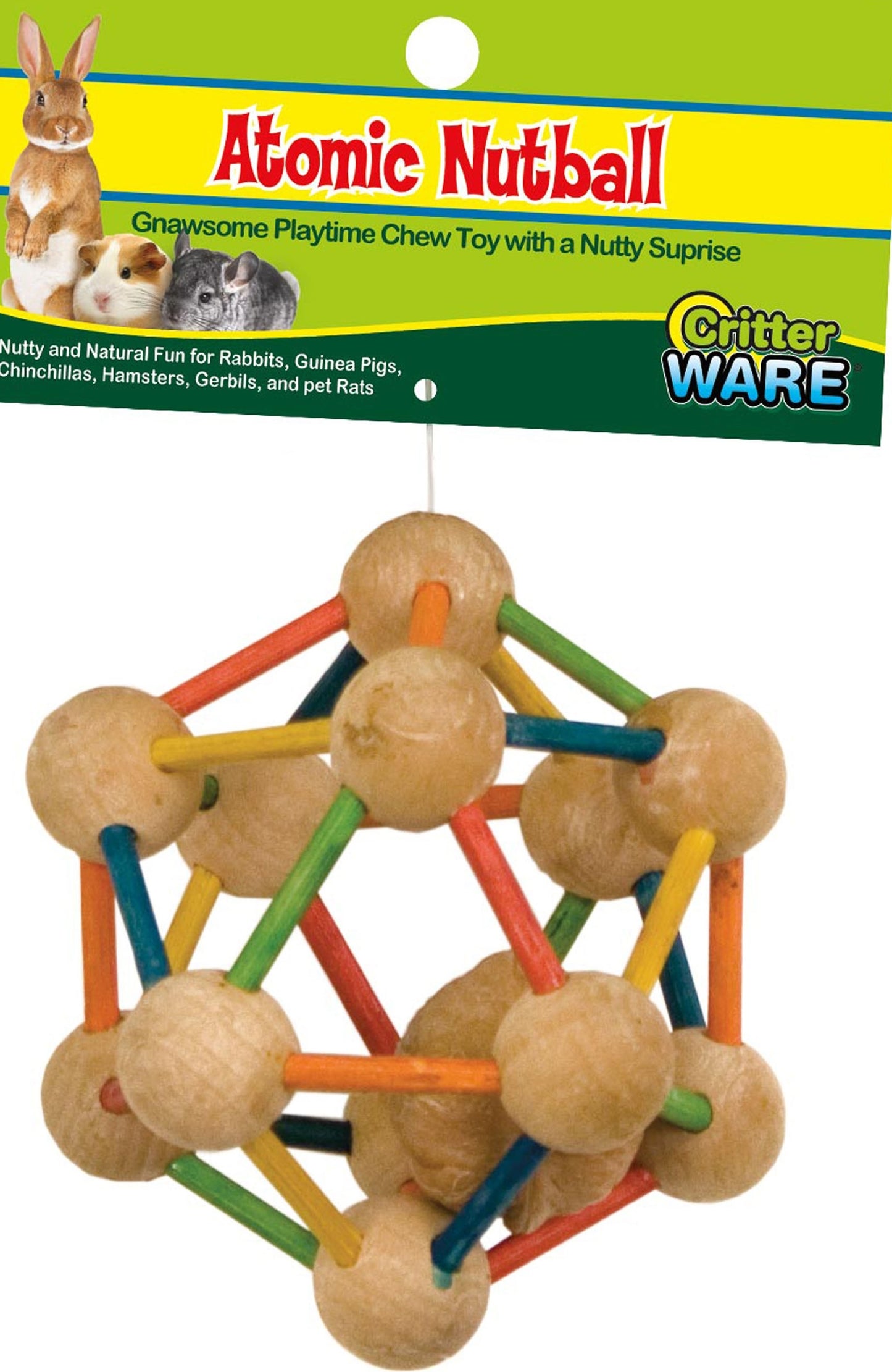 Large wooden chew toy with multicolored sticks designed for small pets like rabbits and guinea pigs